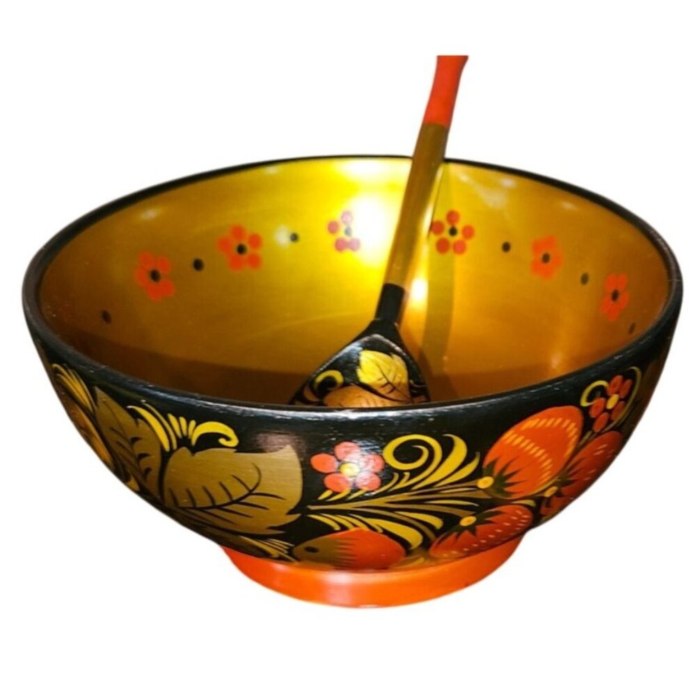 Russian Khokhloma Wooden Bowl & Spoon Set‎ Hand-Painted Floral Red Balck Gold